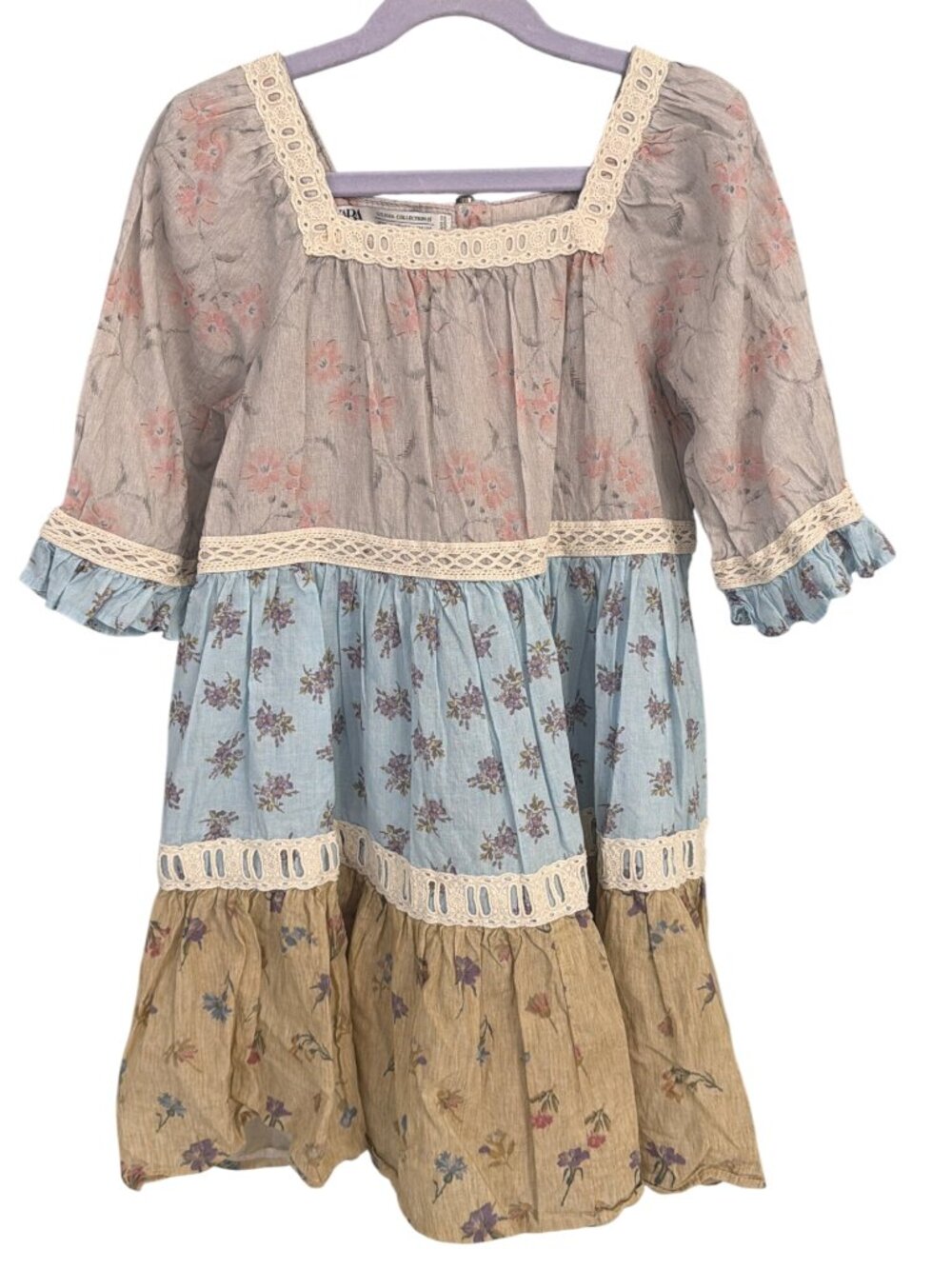 Zara Girls Layered Floral Boho Fall Dress W/Lace Details Size 8 Years